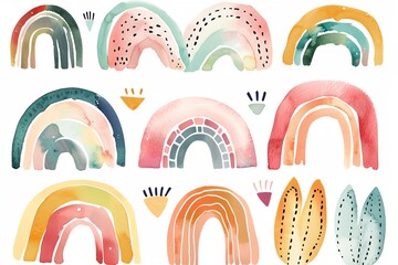 a set of watercolor rainbows with different shapes