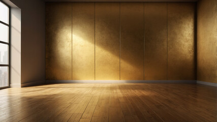 Light warm gold, empty wall and smooth floor with interesting light glare. Background for the presentation. AI Generated