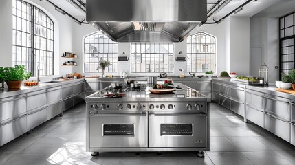 Modern stainless steel commercial kitchen with sleek design and professional culinary equipment...