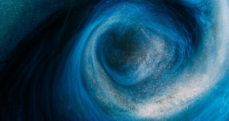Glitter mist. Ink swirl. Defocused blue black golden color vapor cloud shiny particles texture...