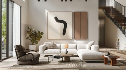 Obraz premium Frame mockup for ISO A paper size, showcasing a living room wall poster mockup. The interior features a house background and modern design elements. 3D render. 