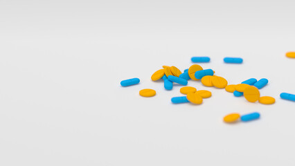 Blue orange tablets on white background with shallow DOF. Drugs, pills, tablets, medicine concept. 3d render illustration