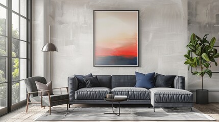 Frame mockup for ISO A paper size. Living room wall poster mockup in a modern interior design setting with a house background. 3D render. 