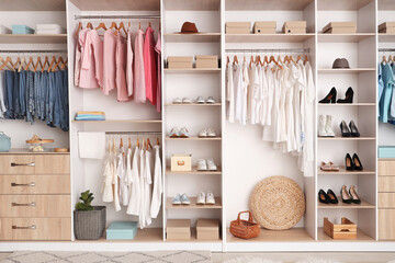 Modern wardrobe with stylish spring clothes and accessories