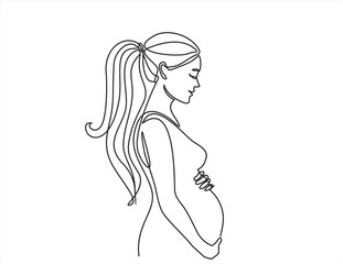 Continuous line drawing of a pregnant woman. One line drawing of a pregnant woman. Pregnant belly. Minimalist contour illustration of a happy mother.