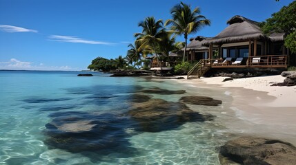 Island getaways, white sandy beaches, crystal clear waters, and palm trees swaying in the breeze
