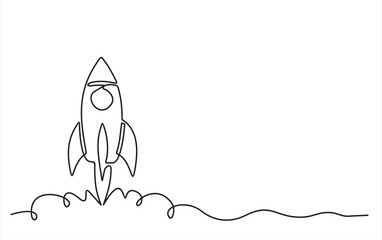 Hand drawn one line vector.One continuous line drawing of simple retro spacecraft flying up to the outer space nebula. Rocket space ship launch into universe concept. 