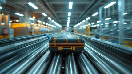 A single vintage-style suitcase travels on modern conveyor rollers in an industrial setting