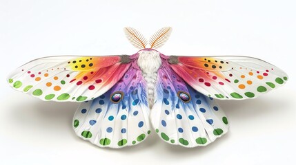 White Ermine Moth with bright rainbow spots on its spread wings, embodying LGBTQIA pride and purity