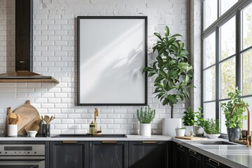 Poster mockup in scandinavian kitchen interior created with generative ai