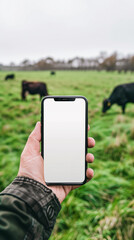 mockup phone copy space in hand with blurred cattle dairy cow farm pasture in background