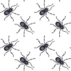 Black spiders seamless pattern. Creepy scary arthropod, tarantula weaves cobwebs, arachnophobia. Happy Halloween collection. Hand drawn watercolor illustration isolated background. Textile, wrapping