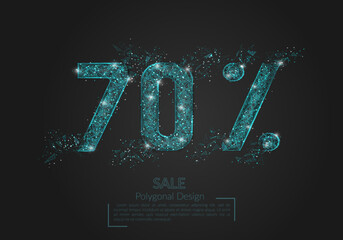 Abstract isolated blue 70 percent sale concept. Polygonal illustration looks like stars in the black night sky in space or flying glass shards. Digital design for website, web, internet.