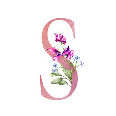Floral Alphabet letter with botanical bouquet. Wedding watercolor hand painted invitations, pink, purple, coral, daisy, sweet peas, herb, meadow flowers, greeting card, birthday, logo, poster .
