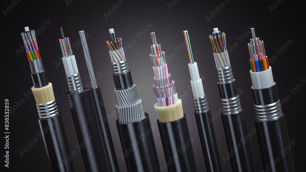 Aufkleber fiber optical cables structure of different types on black background. multimode or single mode cabl