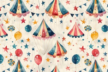 Fototapeta premium Hand-Drawn Vintage Circus Pattern Featuring Watercolor Grunge