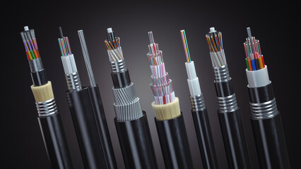 Fiber optical cables  structure of different types on black background.  Multimode or single mode cables, 3d  animation