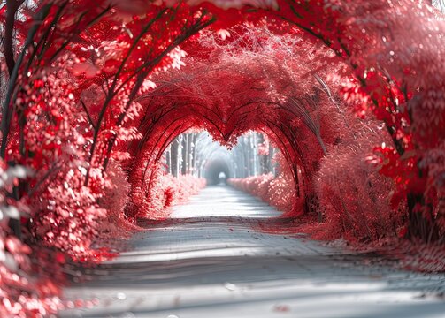 A straight line along which carmi trees grow, forming a heart-shaped arch.