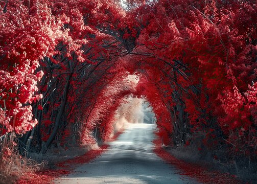 A straight line along which carmi trees grow, forming a heart-shaped arch.