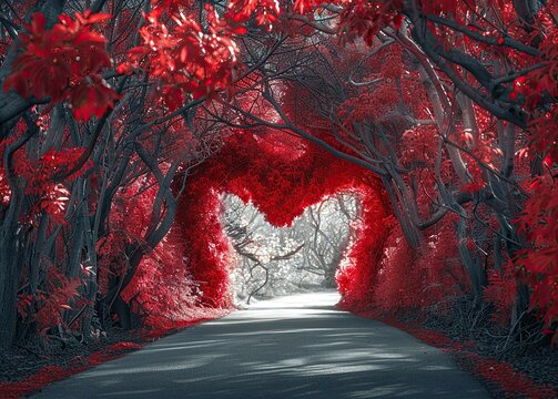 A straight line along which carmi trees grow, forming a heart-shaped arch.