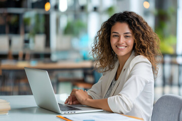 Young confident businesswoman working on her laptop in a modern office setting.