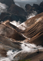 Kerlingarfj&ouml;ll geothermal nature park in Iceland. Geothermal park among the foggy mountains.