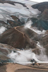 Kerlingarfj&ouml;ll geothermal nature reserve in Iceland. Geothermal park among the mountains. Steam around the volcano.