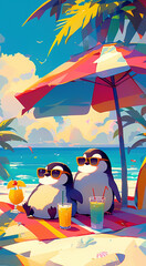 summer background, penguin, cartoon style