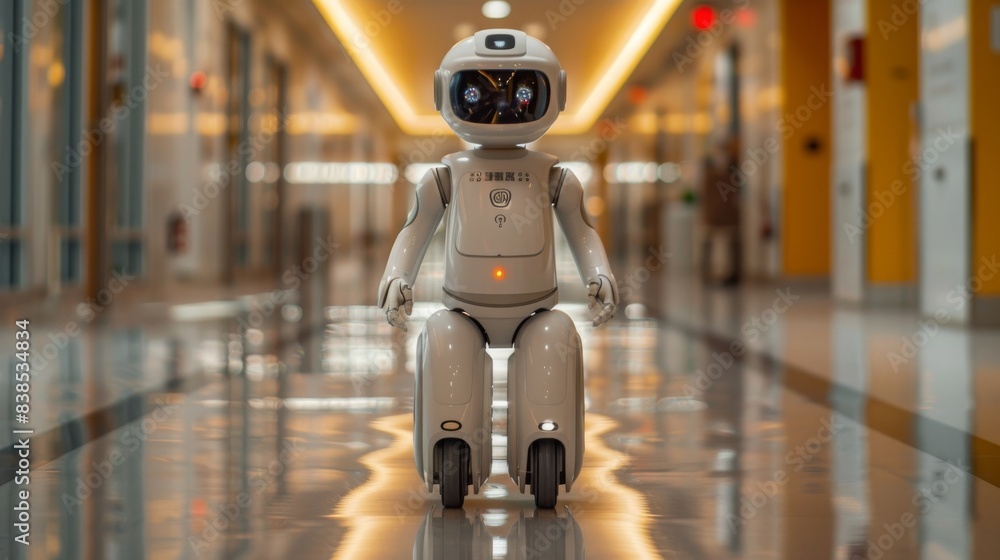 Poster a white robot with wheels stands in a hallway, facing the camera. the robot has a rounded head with 