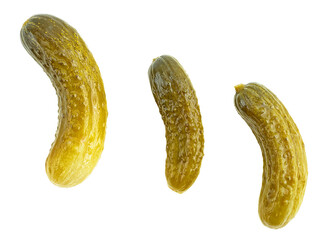 Group of pickled cucumbers isolated on a white background, top view. Cornichons.