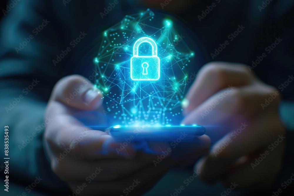 Poster lock phone. cyber security concept with padlock hologram icons for text message protection