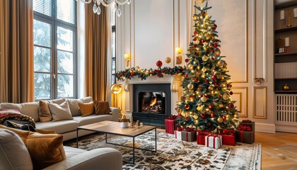 New Year's modern interior, with a large Christmas tree, fireplace, large sofa and panoramic window