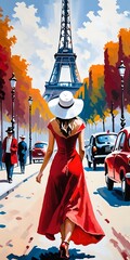 Fototapeta premium Rear view of woman traveller wearing red dress walking in Paris. Illustration