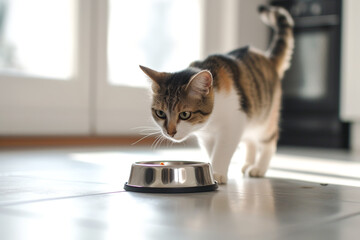 a cat is walking around a bowl of food