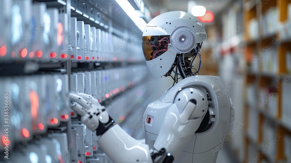 Poster a white robot with a humanoid design stands in a warehouse, interacting with a row of storage units.