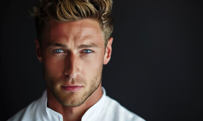 Obraz premium An attractive muscular build man opening white chef's jacket