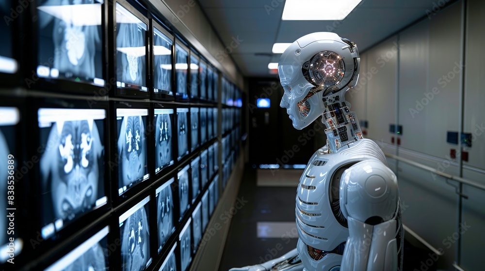 Poster a robotic assistant equipped with ai algorithms analyzes a wall of medical images in a modern health