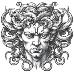 Detailed black and white illustration of Medusas head, drawn against black background. Illustration features Medusas face, with her distinctive snake-like hair flowing around her head.
