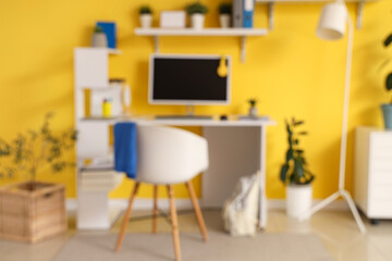 Blurred view of teenager's room with workplace, plants and shelves