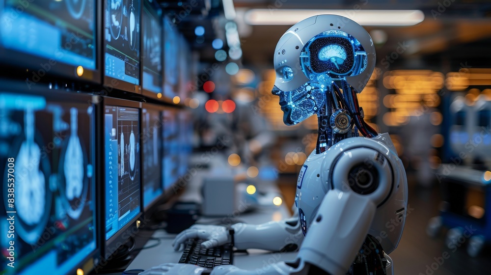 Poster a humanoid robot, equipped with ai algorithms, analyzes medical data displayed on multiple computer 
