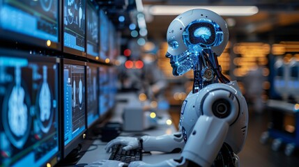 A humanoid robot, equipped with AI algorithms, analyzes medical data displayed on multiple computer screens in a laboratory setting. The robots internal circuitry and brain are visible, highlighting