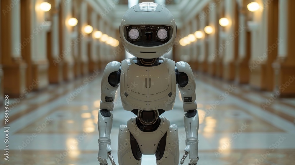 Poster a white robot with large eyes stands in a hallway with light filtering in from the windows.
