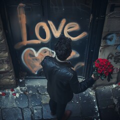 Man with a bouquet of roses at the door where it says &ldquo;Love&ldquo;.