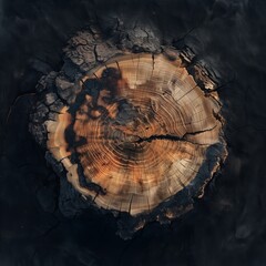 Trunk of a cut tree seen from above and marked by fire.