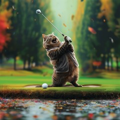 A Cat trying to play golf.
