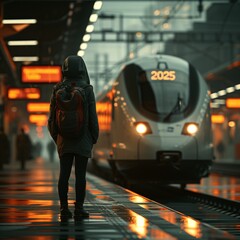 Traveler waiting for a train with year number &ldquo;2025&rdquo;.