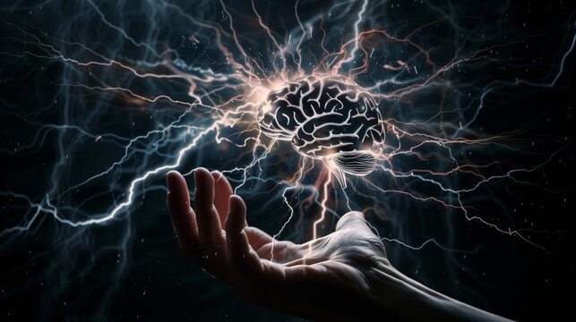 Holographic image of a brain in the palm of the hand releasing sparks.