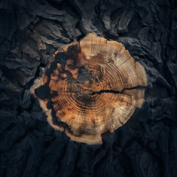 Trunk of a cut tree seen from above and marked by fire.