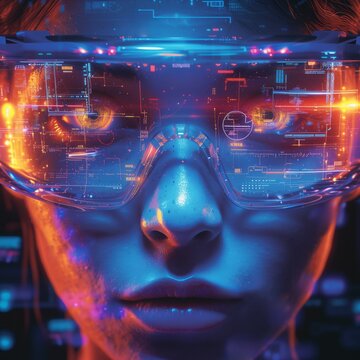 Face of a person with futuristic glasses.