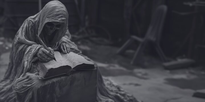  A stone statue of the Grim Reaper writing in an open book.